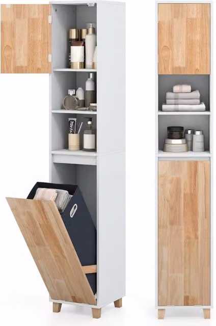 Armadio per biancheria da bagno DESIGN IN in legno di gomma bianco con 3 ripiani e cesta rimovibile H: 170,5 cm, L: 31,0 cm, P: 31,0 cm