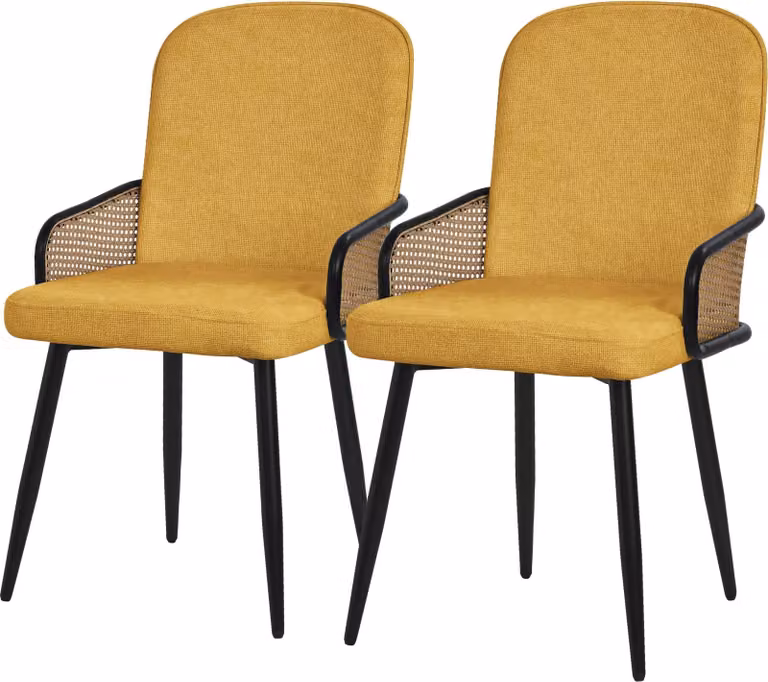 ML-Design set di 2 sedie da pranzo imbottite in tessuto senape con braccioli in rattan Sedie imbottite con gambe in metallo Poltrona ergonomica