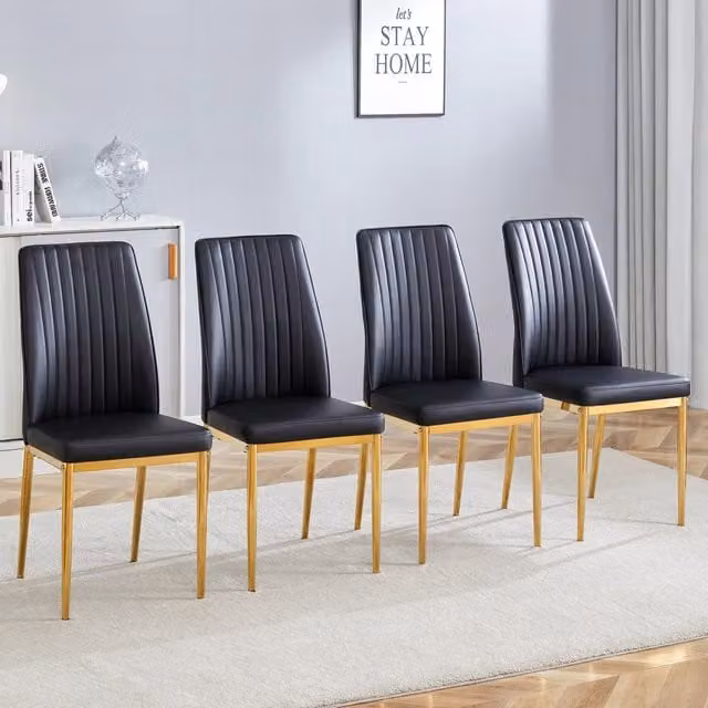 Sedie da Pranzo Set 4 Pezzi ¨C MINIMAL ¨C Nero, Gambe in Metallo Dorato, Similpelle