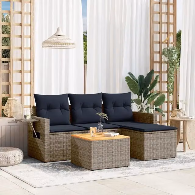 Set Divani da Giardino a L in Polyrattan Grigio con Cuscini e Tavolino DESIGN IN