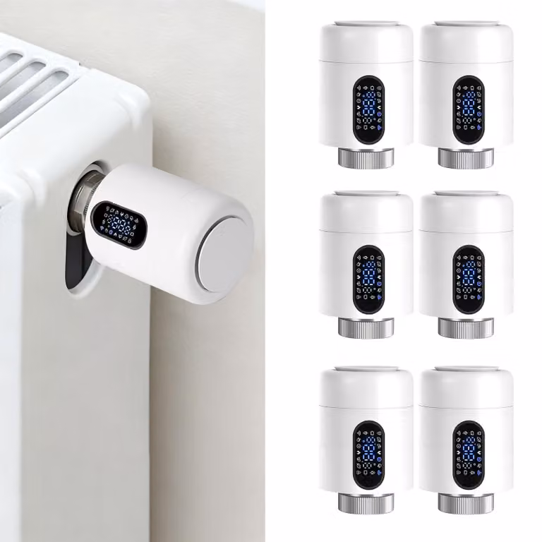 Set di 6 termostati per radiatori Ikodm, termostati intelligenti Wi-Fi bianchi, controllo tramite app senza necessità di gateway, 7 adattatori per termostato