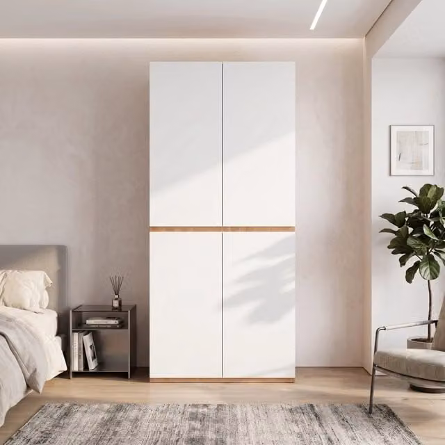 Armadio alto 90 x 50 x 200 cm; cassetto portagioie; 4 ante; 1 asta appendiabiti; 2 cassetti; rovere/bianco