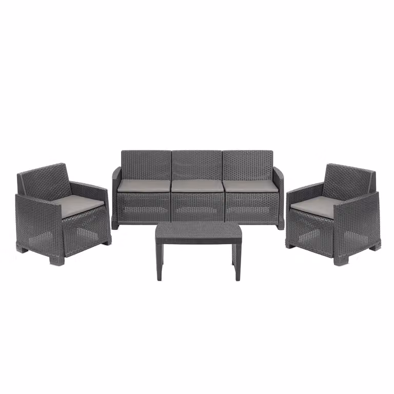 PROGARDEN Set da giardino Salento Antracite in rattan con divano a 3 posti, poltrone lounge, tavolino da caffè e cuscini inclusi
