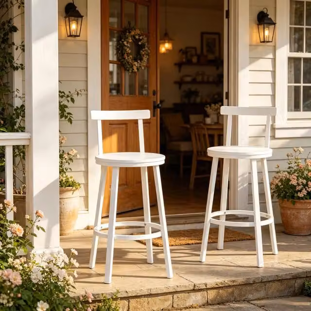 Set di 2 sgabelli da bar OKWISH con schienale curvo e poggiapiedi in MDF e metallo bianco per cucina e sala da pranzo, Altezza: 65 cm – 1
