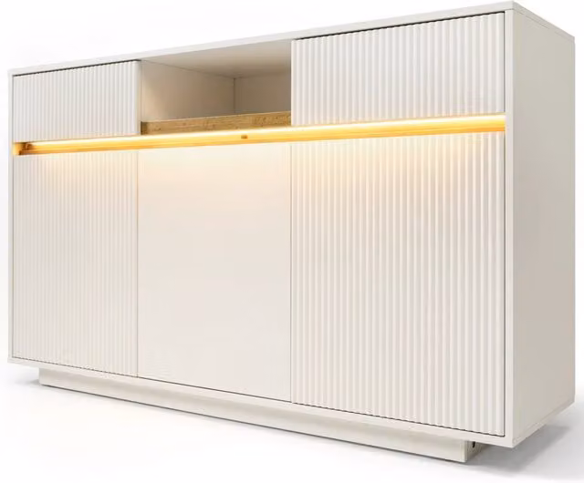 Credenza Chicfurn moderna con illuminazione LED integrata, 3 ante, 2 cassetti e ripiani regolabili, bianca, L/P/H: 140 x 40 x 85 cm