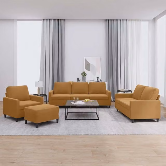 Set di divani moderno vidaXL in velluto marrone composto da divano a 3 posti, divano a 2 posti, pouf e cuscini decorativi