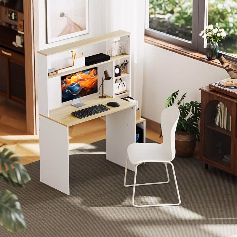 Scrivania – Tavolo da computer con ripiani aperti e supporto per CPU – Bianco – Struttura in metallo robusta