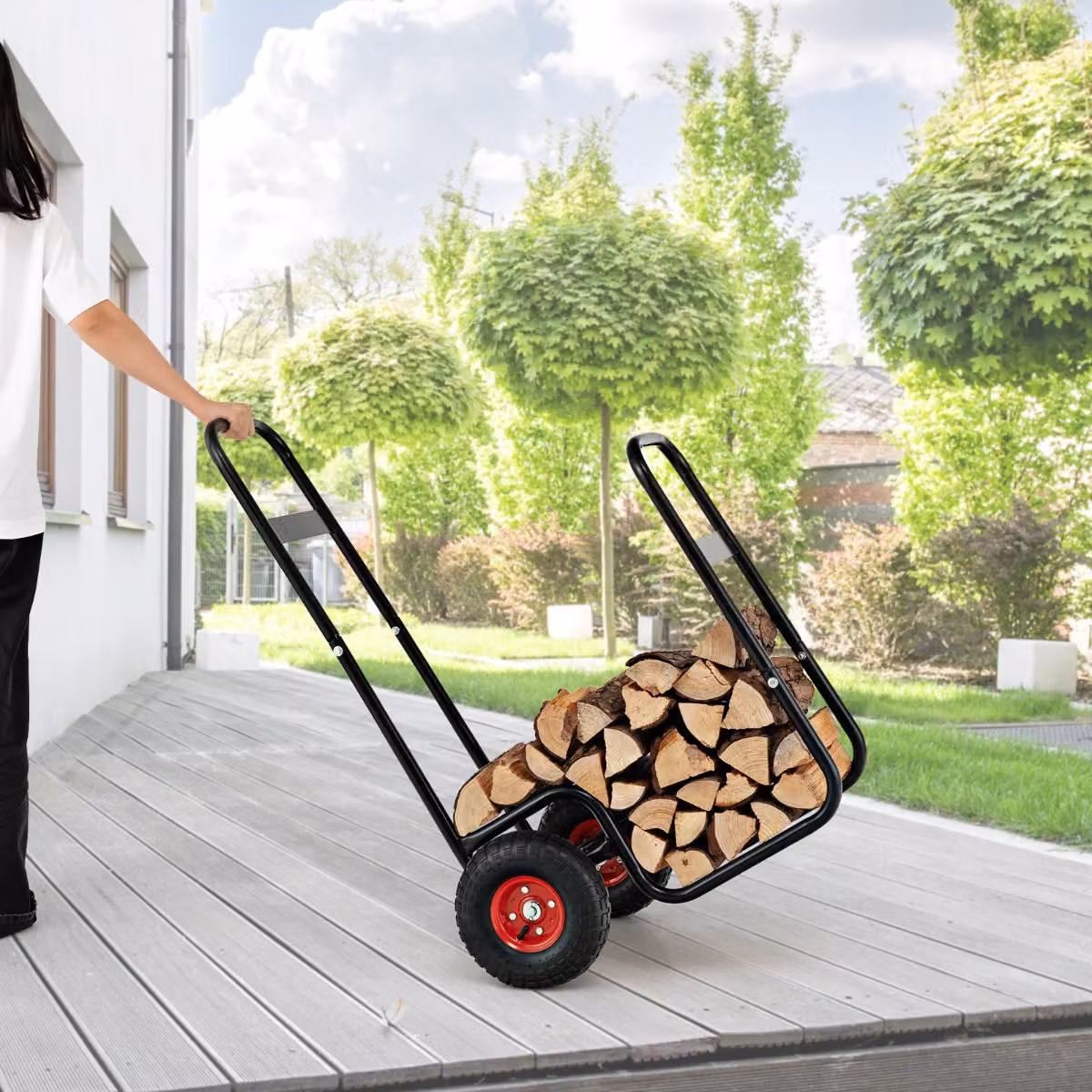 Carrello porta legna Costway con ruote in gomma antiusura e antiurto, colore nero, per interni ed esterni