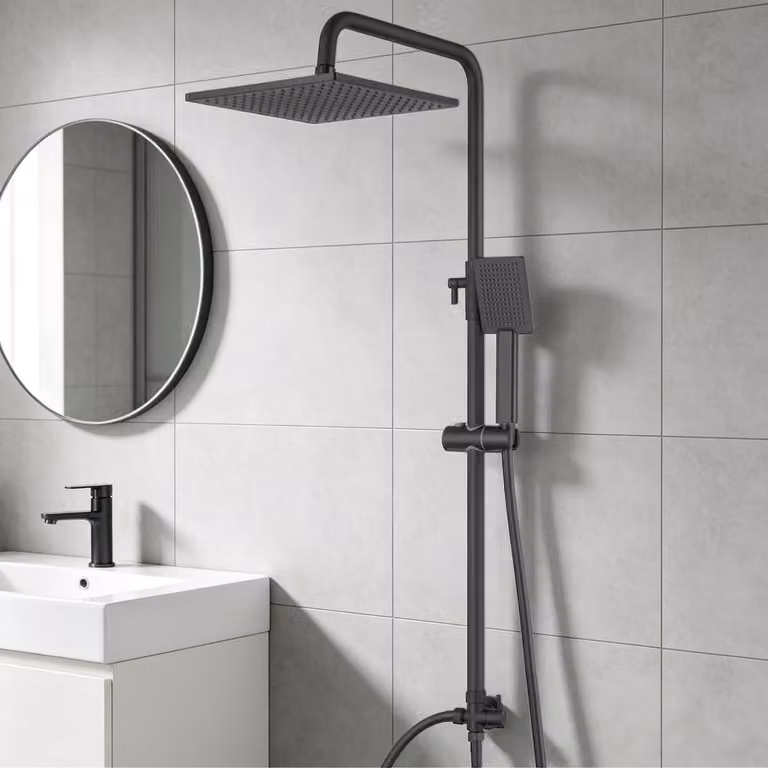 Set completo per sistema doccia: doccia a pioggia, soffione manuale, acciaio inossidabile, ottone, colore nero