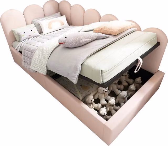 Letto singolo imbottito Chicfurn con contenitore e rete sollevabile in velluto rosa, L/P/H: 90 x 190 cm – 1