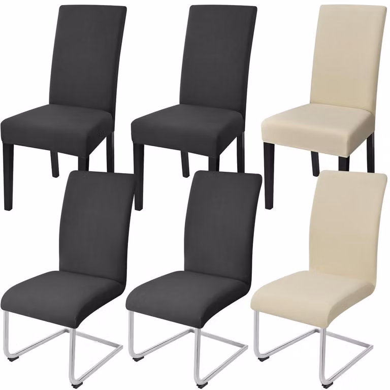 Copri sedie, set da 6, grigio scuro/beige, elasticizzati, adatti per sedie da pranzo e sedie a dondolo