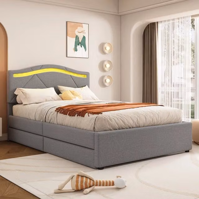 Letto Imbottito con LED e Cassetti ¨C Xylo ¨C Testiera Regolabile, Tessuto Grigio, 90x200