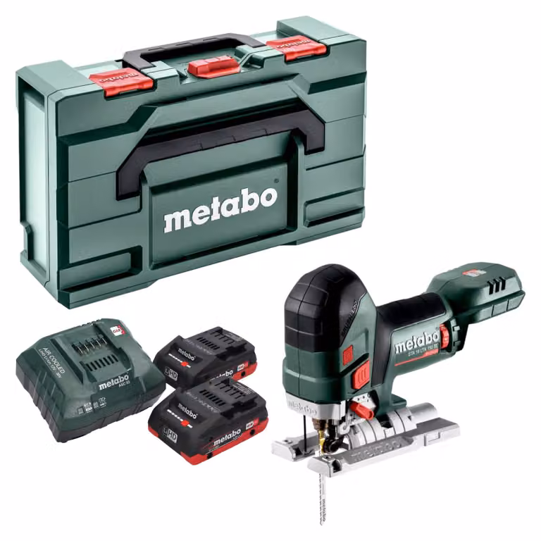 Sega a gattuccio a batteria Metabo STA 18 LTX 150 BL 18 V 150 mm Brushless + 2 batterie LiHD da 4,0 Ah + caricabatterie + Metabox