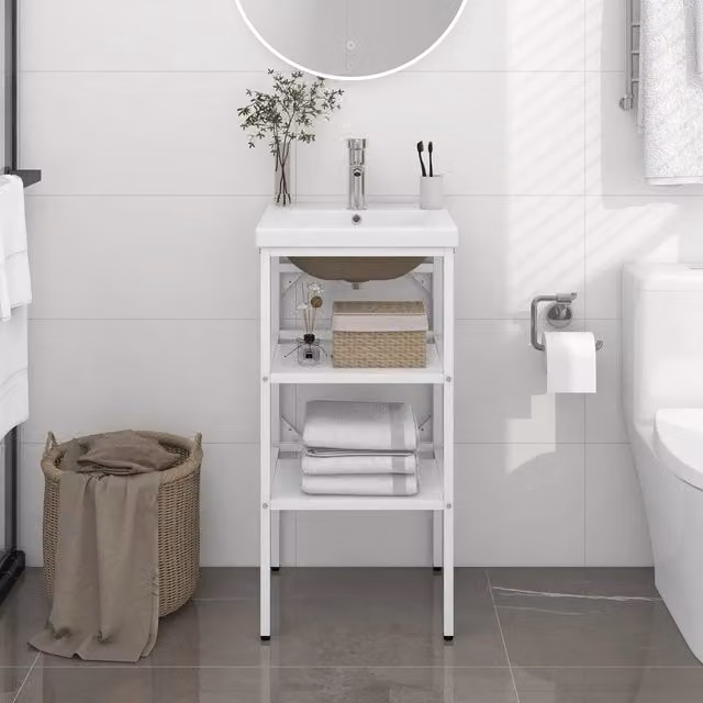 Lavabo da Bagno Moderno vidaXL in Ceramica Bianca e Metallo Lucido L: 83 cm, P: 42 cm, H: 38 cm