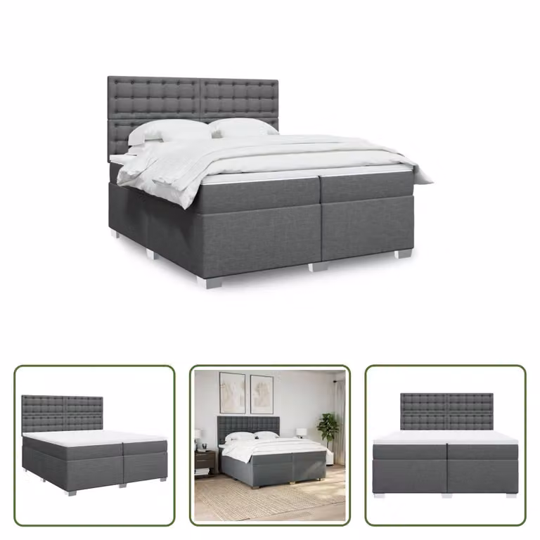 The Living Store Letto a molle con materasso grigio scuro 200x200 cm in tessuto