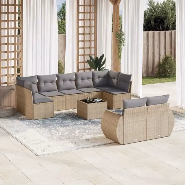 Set Divano da Giardino VIDAXL in Polyrattan Beige con 10 Pezzi e Cuscini