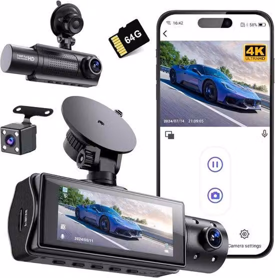 Videocamera per auto con visione notturna - Doppia telecamera - Sistema grandangolare - Modalità parcheggio - Registrazione in loop - Videocamera per auto Full HD con sensore di movimento