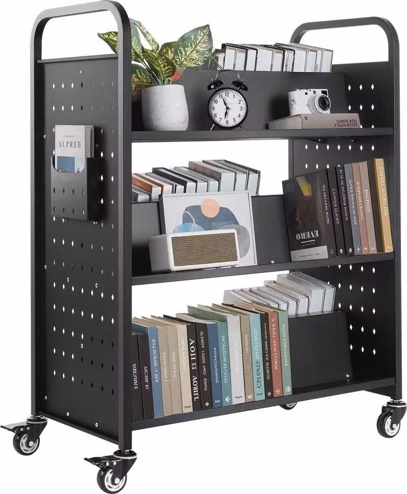 Carrello per biblioteche Carrello per libri - Carrello di scarico con carico di 150 kg - Nero, dimensioni 970x515x1225 mm