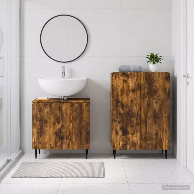Set di mobili da bagno moderno vidaXL composto da mobile lavabo e mobile contenitore in legno color marrone con ante a battente