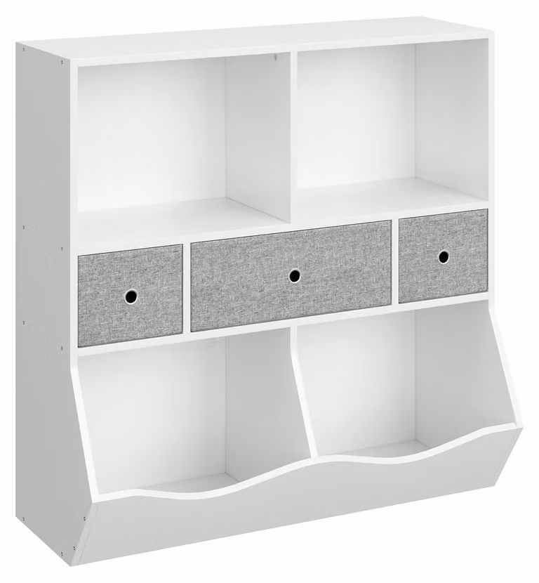 Scaffale per bambini con 4 scomparti e 3 contenitori su ruote – Organizzatore per giocattoli e libri (bianco)