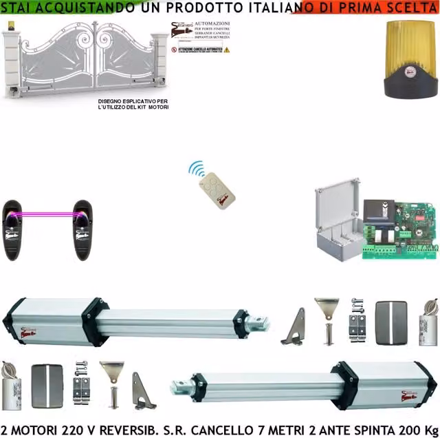 Cancello da 7 Metri 2 Ante da 3,5 Metri Kit Ricambio Automatismo Elettrico 2 Motori Elettromeccanici 230 V Stelo Retrattile Reversibile Corsa 600 mm Spinta 250 Kg Centrale Fotocellule Telecomando Faro