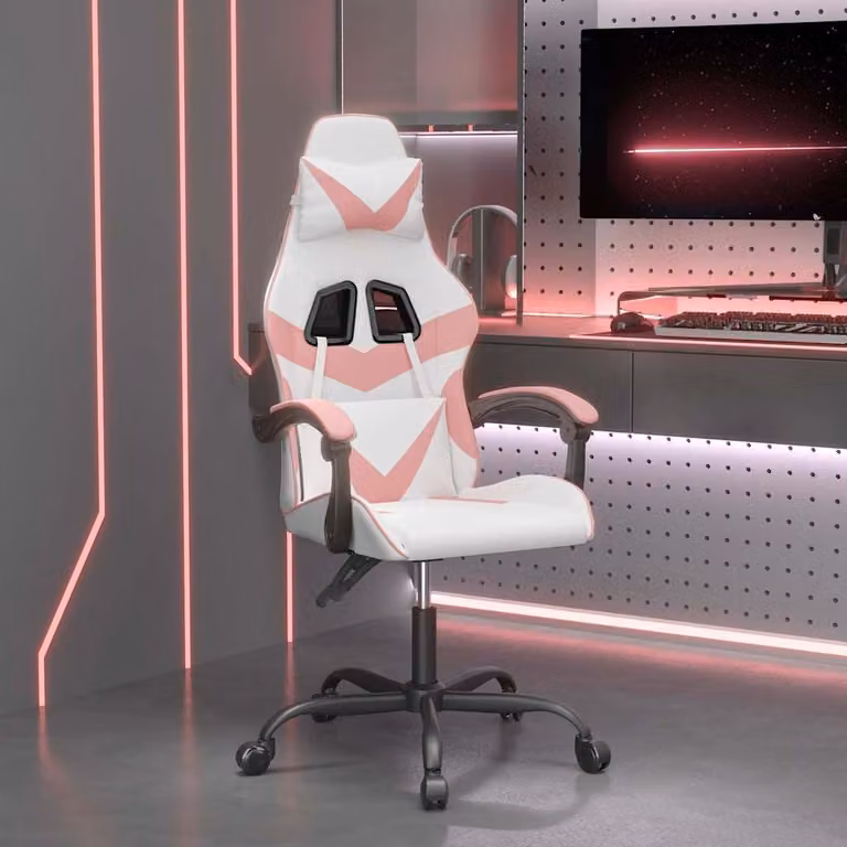 Sedia da Gaming vidaXL Bianco e Rosa in Similpelle con Poggiatesta e Braccioli