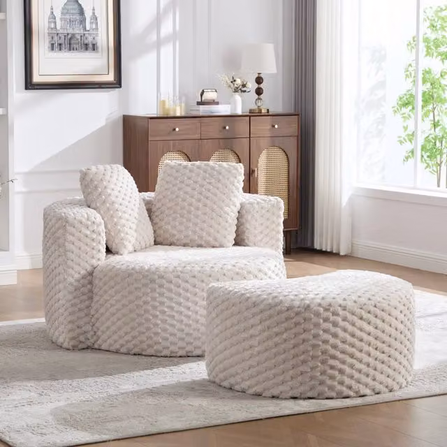 Poltrona in schiuma 129x116x65 cm con poggiapiedi design a botte 360° in tessuto beige
