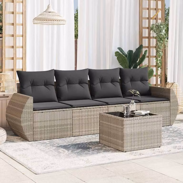 Set Divano da Giardino vidaXL 5 Pezzi con Cuscini Grigio Moderno in Polyrattan e Acciaio Verniciato a Polvere