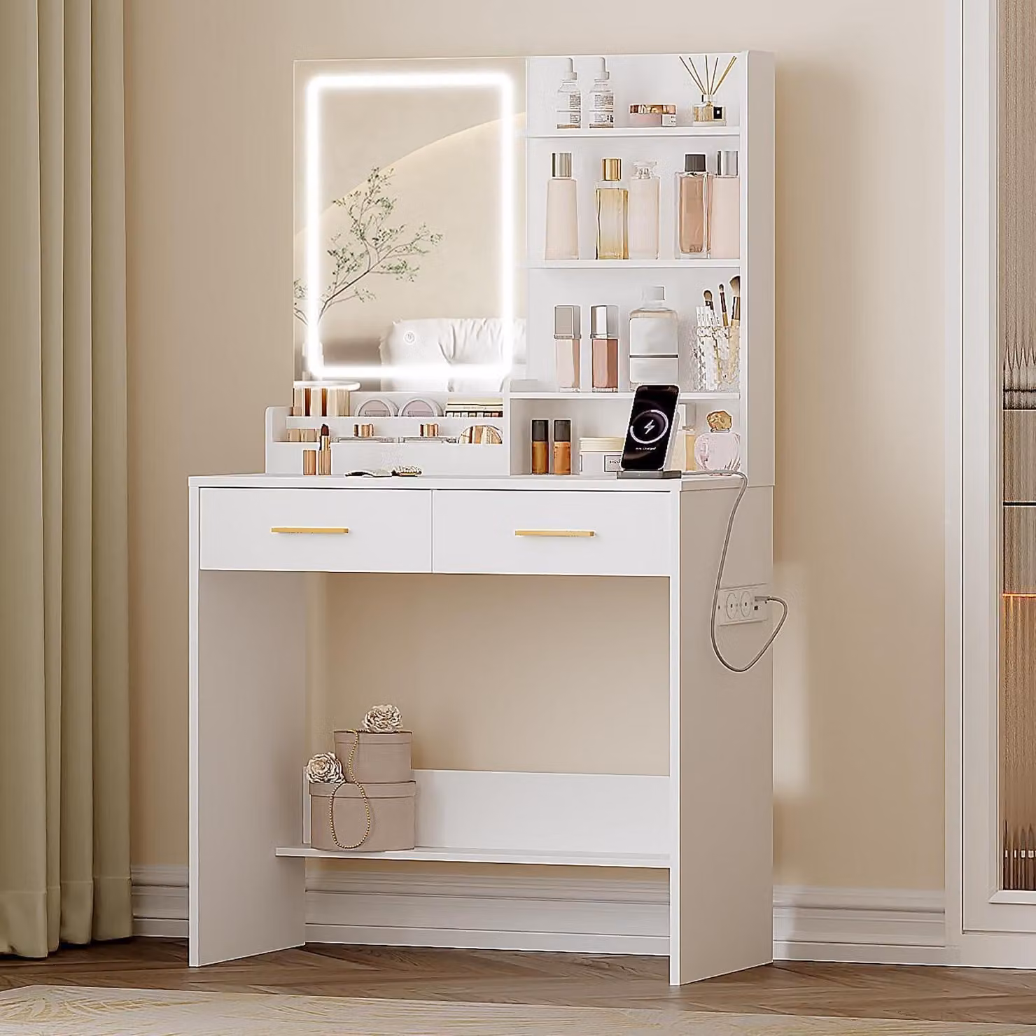 Comò da trucco con illuminazione a LED, 2 prese di corrente AC, 2 porte USB, 2 cassetti, 4 scomparti, bianco