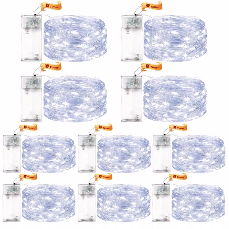 Set di 10 catene luminose a LED con timer, lunghezza 2 metri, 20 LED, luce bianca fredda