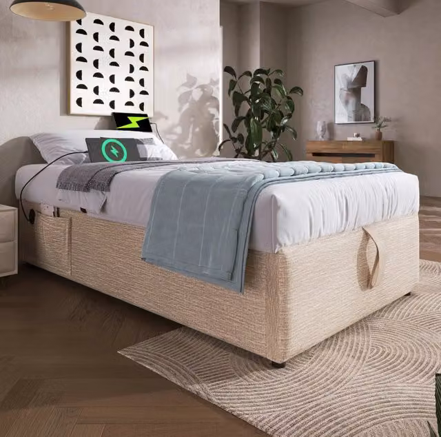 Letto contenitore 90x200 cm in lino naturale con USB-C, senza materasso