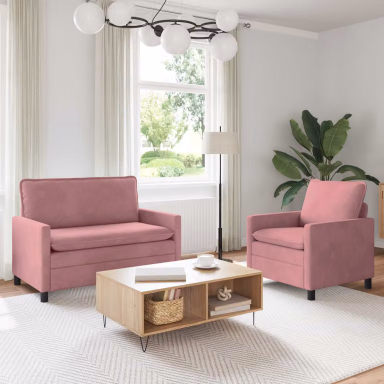 Set di 2 divani moderni vidaXL in velluto rosa con cuscini inclusi e coperture rimovibili