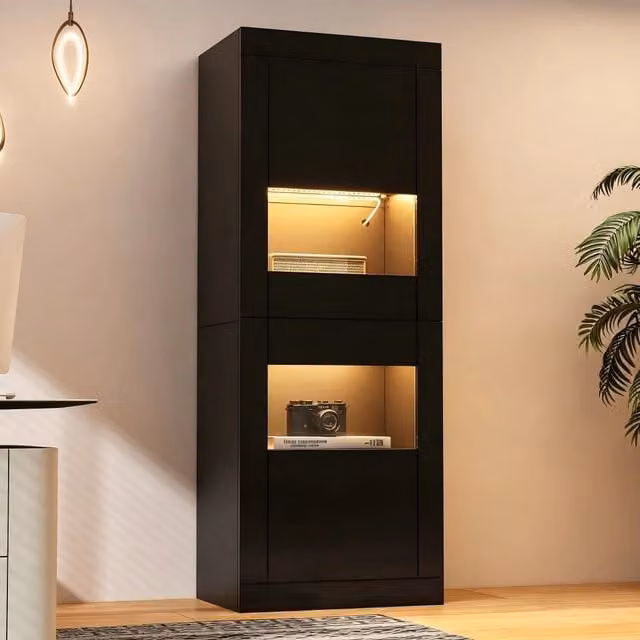 Vetrina espositiva da terra Vovees Living nera con illuminazione LED integrata, 2 ante in vetro e ripiani in vetro temperato, L: 61 cm, P: 42 cm, H: 162 cm