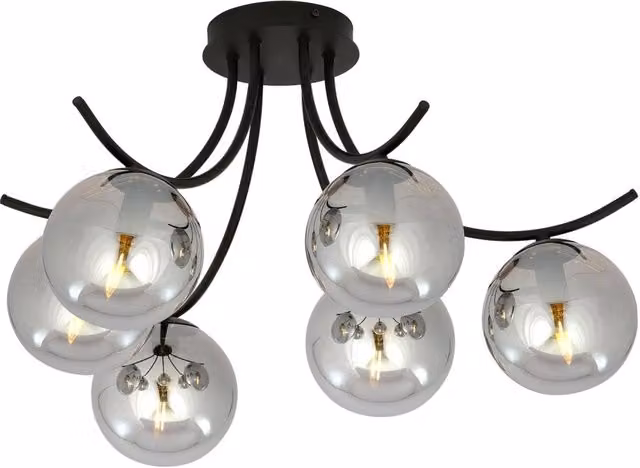 Plafoniera Moderna 6 Luci Polus Acciaio Nero E Diffusori In Vetro Fumè
