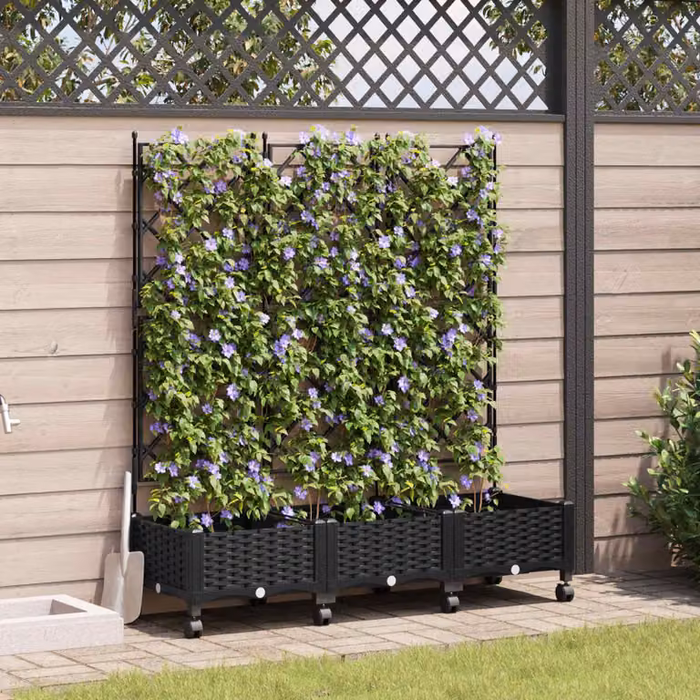 Set di 3 vasi da giardino con grigliato e ruote vidaXL in plastica nera