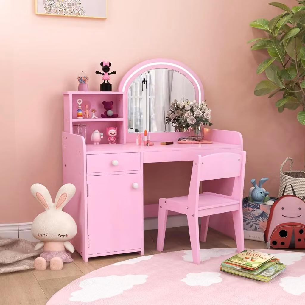 Toeletta Trucco 2 in 1 per Bambina COSTWAY in Legno con Luci LED Regolabili e Mensole, Postazione Trucco Rosa, L/P/H: 80 x 40 x 94 cm – 2