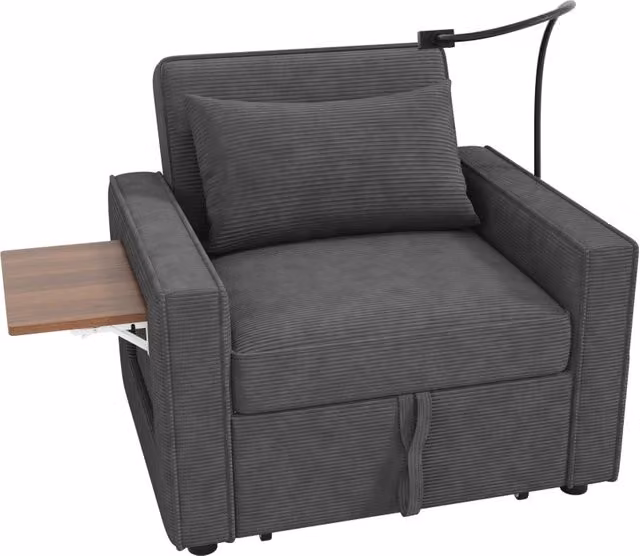 Divano letto pieghevole multifunzionale 1 posto in tessuto di velluto grigio con porta USB e supporto smartphone