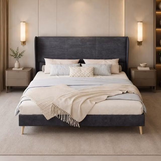 Letto imbottito grigio 160x200 cm in tessuto e metallo, con testiera morbida
