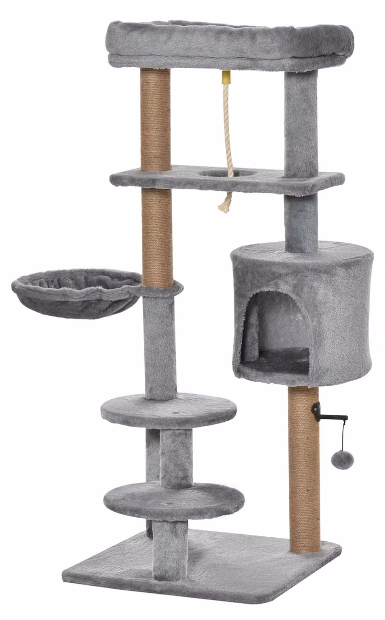 PawHut Tiragraffi per gatti da 120 cm con cestino, cuccia e pallina