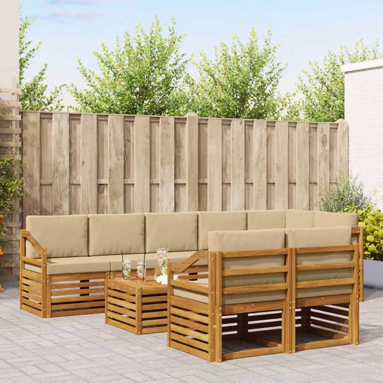 vidaXL Set di divani da esterno a forma di U composto da 9 pezzi in legno di acacia con cuscini beige e marrone