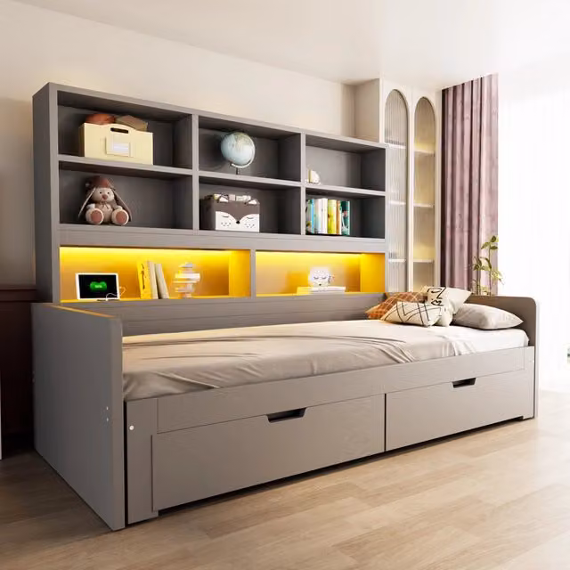 Letto multifunzione estraibile 90/180x200 cm con cassetti; LED e prese; grigio