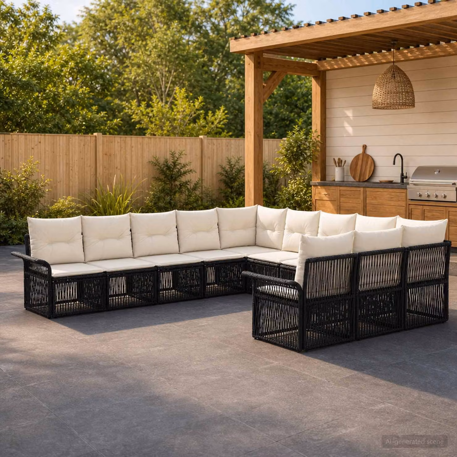 Set Divano da Giardino vidaXL a forma a U in Polyrattan Nero con Cuscini e Struttura in Acciaio
