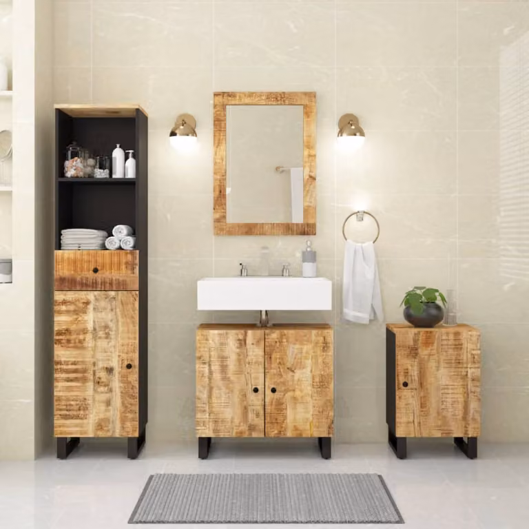 Set di mobili da bagno vidaXL in legno di mango marrone composto da 4 pezzi con mobile lavabo, armadio alto, mobile laterale e specchiera