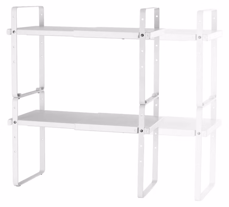 Organizzatore per ripiani di armadi da cucina, espandibile, design impilabile, colore bianco