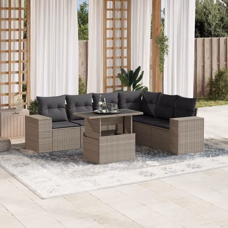 Set Divani da Giardino vidaXL 7pz a Forma a L con Cuscini Grigio Antracite e Tavolino in Vetro