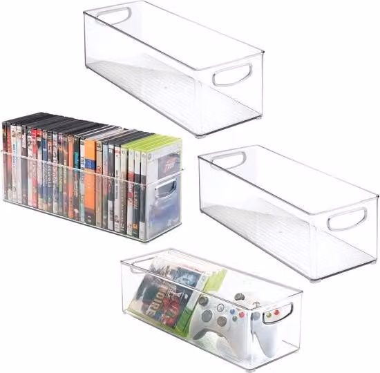 Set di 4 scatole di archiviazione trasparenti in plastica impilabili con maniglie per ufficio, bagno e cucina