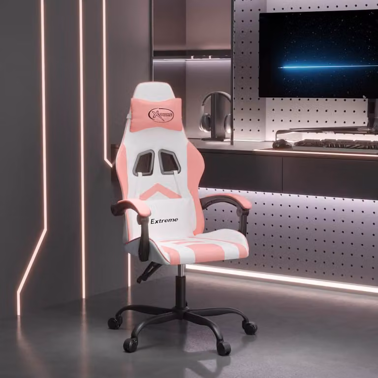 Sedia da Gaming vidaXL Bianco e Rosa in Similpelle con Braccioli e Ruote, Ruotabile a 360 Gradi