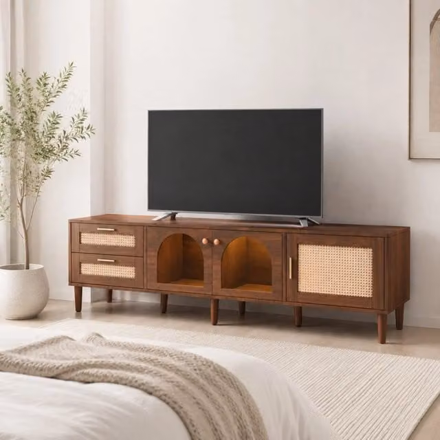 Mobile TV marrone da 180 cm con 2 cassetti in rattan, 3 ante (2 in vetro arcuato + 1 in rattan), illuminazione LED, per TV fino a 80 pollici