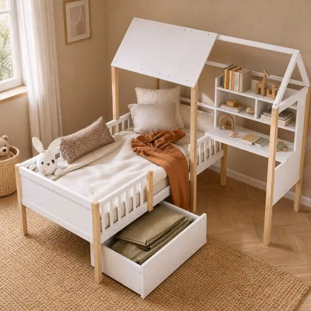 Letto a casetta 90x200 cm bianco in legno con scrivania e libreria, senza materasso