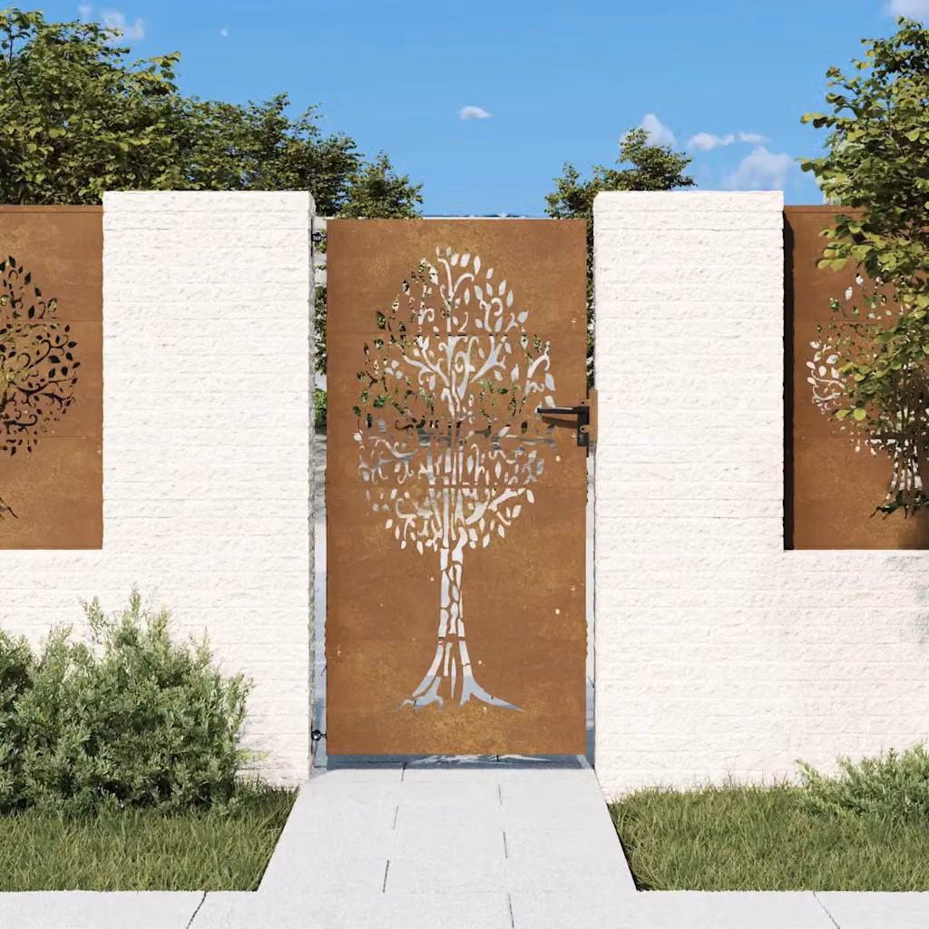Cancello da giardino vidaXL in acciaio color marrone con design ad albero, L: 85 cm, H: 175 cm